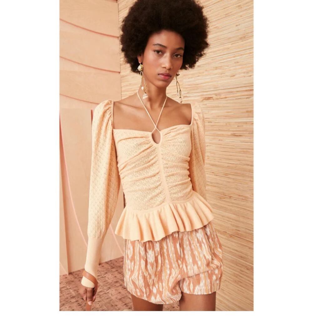 NWT Ulla Johnson Leland Honey Peach Pointelle Peplum Top L